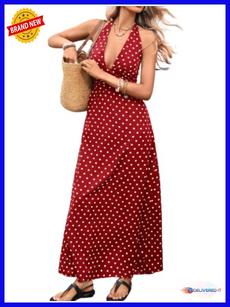 Deep V Backless Halter Polka Dot Maxi Dress Stretchy Smocked Back
